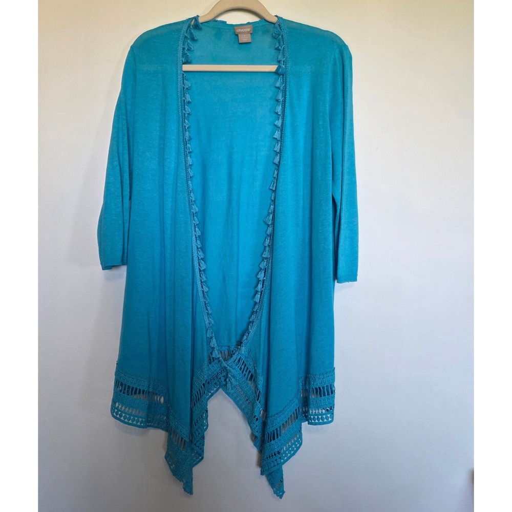 Chicos Turquoise Tassel Trim Open Cardigan Duster Crochet Lace Hem Size 1 / Med